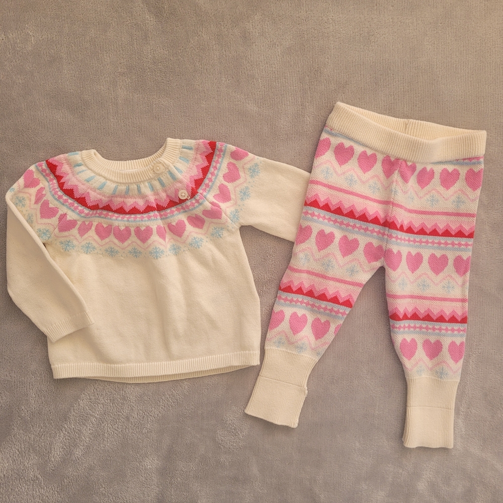 🧸2/20$ Joe Fresh Kids Knit Matching Set Sweater Pink Hearts Size 3-6M Baby Girl